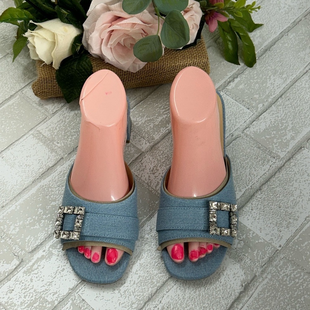 Bandolino Blue Mules with Rhinestone Buckle